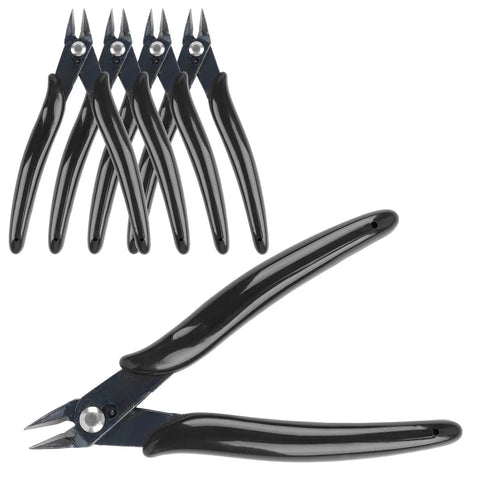 Five Pack Micro Wire Cutters Set, Five Inch Flush Cutters Pliers, Diagonal Side Cutters Nippers, black handles on display