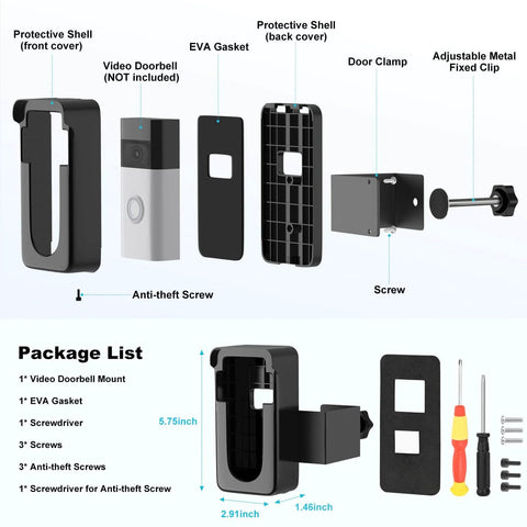 Anti Theft Doorbell Mount For Battery Video Doorbell Models 1 2 3 3 Plus 4 Plus Pro 2020 Release 2024 Release kit components