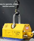 Tough As Nails Permanent Lift Magnet Featuring Sure Grip Handle And Smooth Rotating Shaft For Shop Cranes, yellow design, lifting steel plates up to 1320 lbs.