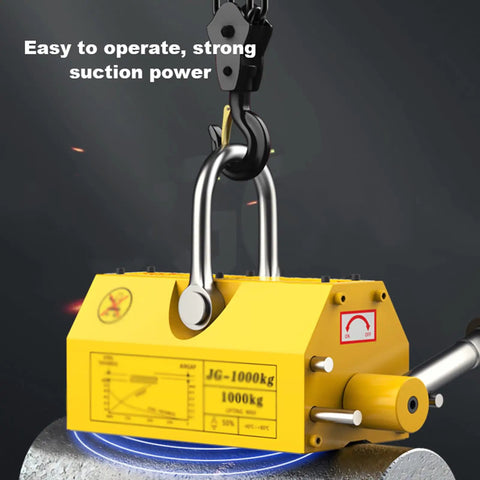 Tough As Nails Permanent Lift Magnet Featuring Sure Grip Handle And Smooth Rotating Shaft For Shop Cranes, yellow design, lifting steel plates up to 1320 lbs.