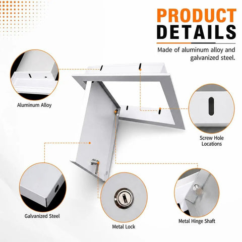 Close-up of Heavy Duty Aluminum Access Door With Key Lock Tough As Nails Drywall Access Panel showing metal lock and hinge.