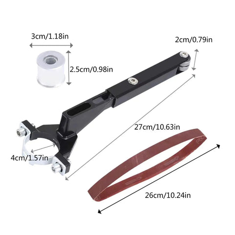 Heavy Duty Belt Sander Attachment Bracket Compatible With 100Mm And 125Mm Angle Grinders, black steel design with six grit belts.