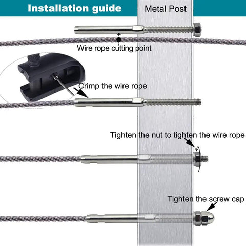 Installation guide for the 3 16 Inch T316 Stainless Steel Stud Tensioner Cable Railing Hardware Set for metal posts.