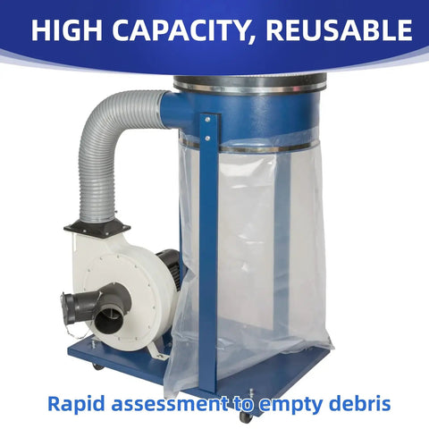 Upgraded Clear Heavy Duty Dust Collection Bags 6 Pack for Woodworking Projects attached to dust collector