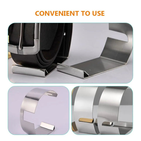Slick Stainless Steel Belt Rack And Closet Display Stand For Fashion Gear Flexible Storage Organizer showcasing curved slots for belts.
