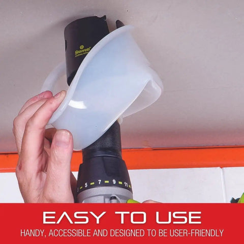 Person using Flexible Debris Collector For Hole Saw Dust And Debris Time Saving Keeps Your Drill Motor Clean Fits Hole Saws Up To Four And Three Quarters Inches Ideal For Pros And DIY Home Improvement.