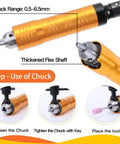 Close-up of Beast 800W Flex Shaft Rotary Tool showing chuck and flexible shaft with usage steps for metalworking and carving.