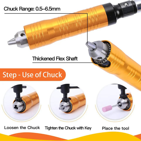 Close-up of Beast 800W Flex Shaft Rotary Tool showing chuck and flexible shaft with usage steps for metalworking and carving.