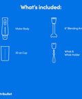 Lightweight Ergonomic Handheld Immersion Blender With Rustproof Stainless Steel Whisk Attachment And Heavy Duty Heat Resistant Shaft For Mixing Straight Out Of The Pot Dark Gray Kitchen Game Changer parts displayed on blue background.