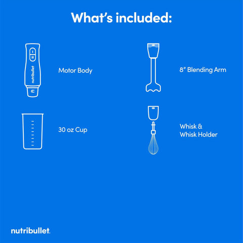 Lightweight Ergonomic Handheld Immersion Blender With Rustproof Stainless Steel Whisk Attachment And Heavy Duty Heat Resistant Shaft For Mixing Straight Out Of The Pot Dark Gray Kitchen Game Changer parts displayed on blue background.
