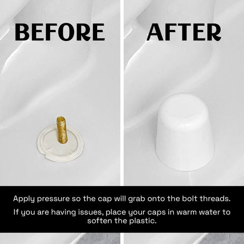 Before and after installation of Universal Fit Toilet Bolt Caps 1/4 Inch or 5/16 Inch, 2 Pack, Quick Snap On Covers That Stay In Place.