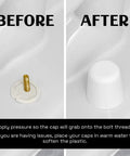 Before and after installation of Universal Fit Tall Toilet Bolt Caps Fit 1/4 Inch Or 5/16 Inch Bolts, Screws On, Stays On, Paintable.