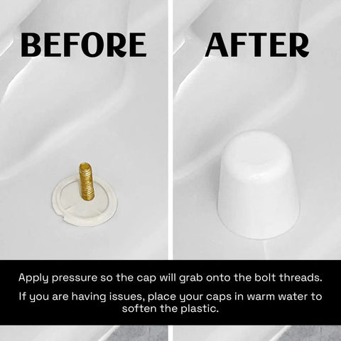 Before and after installation of Universal Fit Tall Toilet Bolt Caps Fit 1/4 Inch Or 5/16 Inch Bolts, Screws On, Stays On, Paintable.