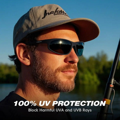 Man wearing Polarized Sports Sunglasses For Men Built For Cycling Driving And Fishing UV400 Protection with TAC HD 7 Layer Lens