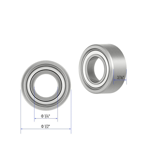 Front and side views of chrome steel shielded deep groove ball bearing, ID 1/4 in, OD 1/2 in, width 3/16 in (R188ZZ).