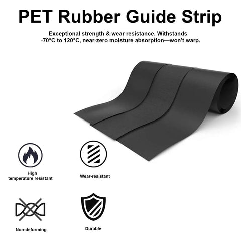 118 Inch Splinter Guard Replacement Strip For Track Saw Rails, PET rubber material rolled out with durability icons.