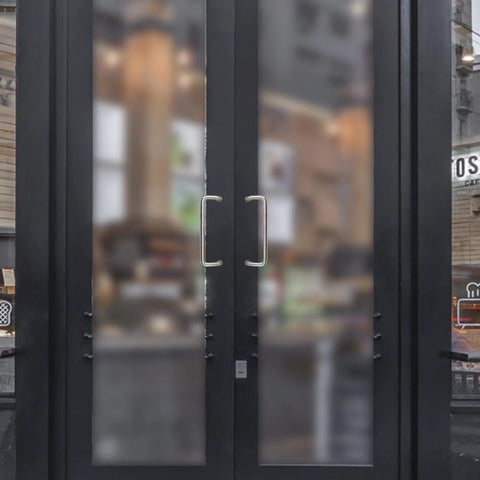 Glass door equipped with 2 Pack 90 Degree Offset Door Pulls In Stainless Steel For Cabinets With Screws Center To Center 6.3 Inches And 0.39 Inch Diameter