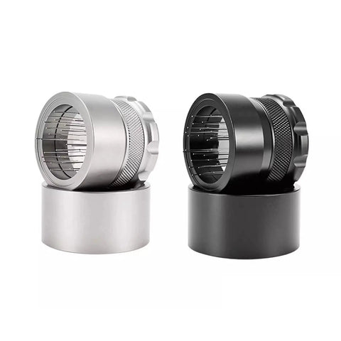 Premium Needle Coffee Tamper And Espresso Grounds Distributor Stirrer Tool in silver and black, with arc needles for leveling grounds.