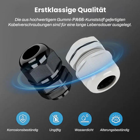 4 Pack 1 NPT Black Cable Gland Kit IP69 Waterproof Nylon Glands for Junction Boxes, black and white glands side by side