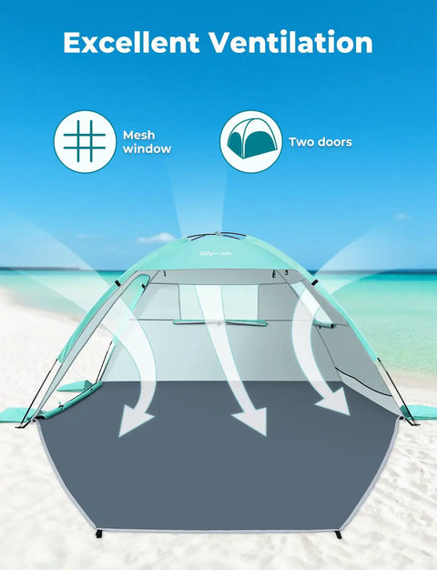 Beach Day Ready Sun Shelter For Three People With UPF Fifty Plus UV Protection Lightweight Easy Setup Shade Canopy With Vent Windows And Zippered Door Green showcasing excellent ventilation features.
