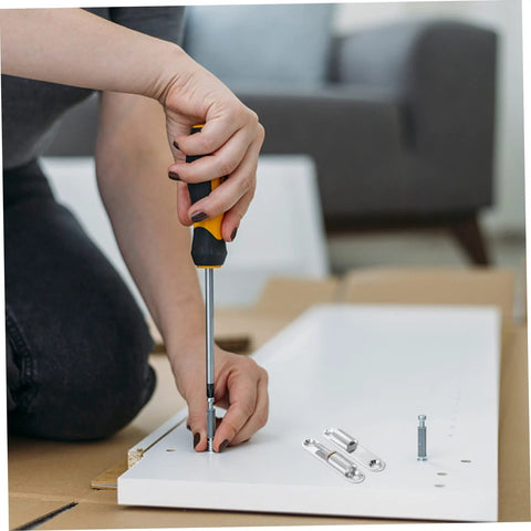 POPETPOP 4-pack screw-on metal hinges for interior doors; person installing on white cabinet door.