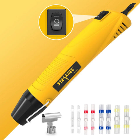 Yellow handheld heat gun with solder-seal wire connectors and nozzle accessories (red, blue, yellow bands).