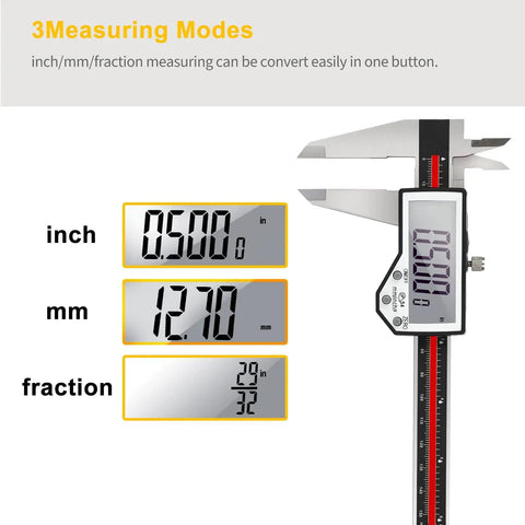 Beefy Digital Caliper 6-Inch Measuring Tool With Extreme Accuracy Waterproof Electronic Vernier Caliper showing inch, mm, fraction modes