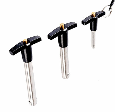 Three sizes of Stainless Steel T Handle Quick Release Pin With Lanyard Cable on white background
