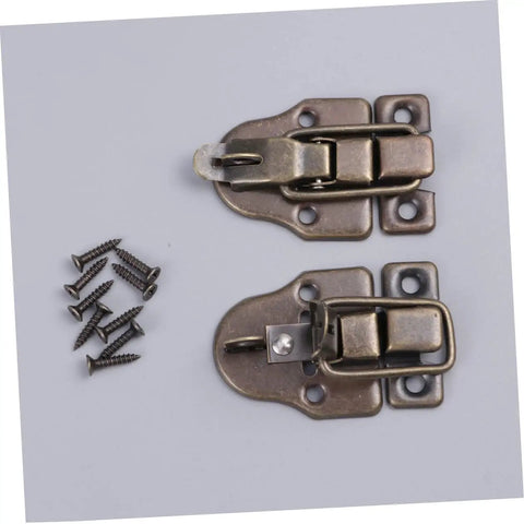 Vintage Wooden Box Hasps And Cabinet Toggle Latches Set 2 Pack Antique Brass Duckbilled Catch with screws displayed