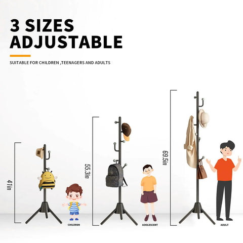 Heavy Duty Anti-Tip Coat Rack With 8 lb Stable Base And 80 lb Load Tested Metal Standing Tree showing 3 height options for all ages