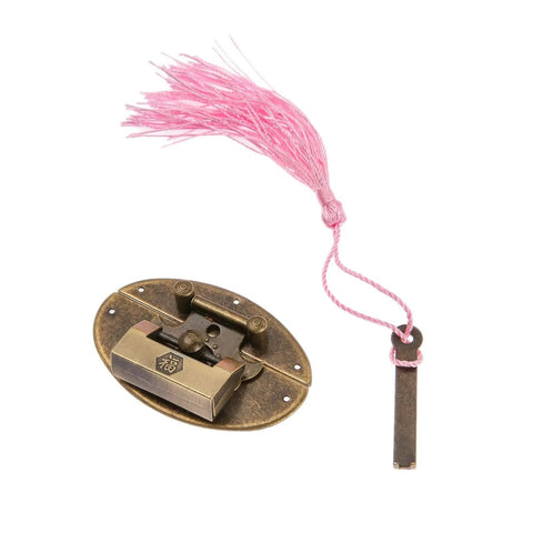 Antique Brass Key Hasp Lock For Wooden Boxes And Cabinets, Vintage Bronze Toggle Latch Hardware with pink tassel, 63x42mm