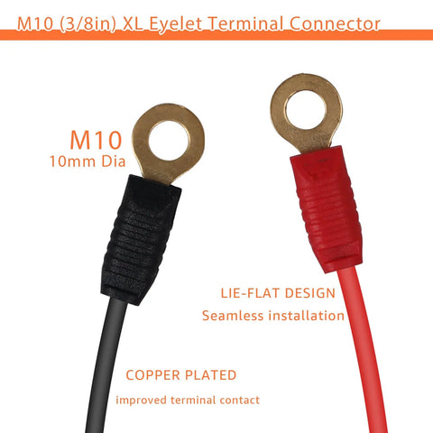M10 (3/8in) XL Eyelet Terminal Connector with copper plated design, black and red cables for dual battery systems.