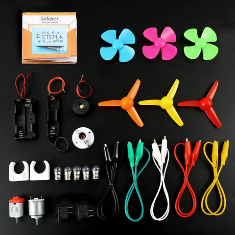 Complete Totally Hands On Electric Circuit Kit For Kids Diy STEM Learning Set with motors, bulbs, switches, and propellers.