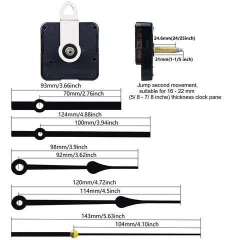 Quartz Long Shaft Clock Movement Kit For DIY Wall Clocks Easy Install, 31mm Shaft, 24.6mm Thread, with hands and dimensions.