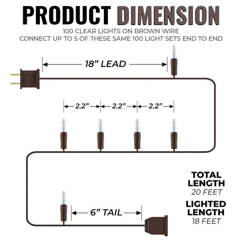Diagram showing dimensions of Clear Mini Christmas String Lights On Brown Wire Cord For A Cozy Festive Vibe, UL Approved.