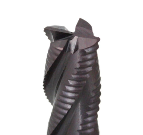 Roughing End Mill TiAlN Coated M42 Eight Percent Cobalt Four Flute Coarse Tooth Half Inch Diameter Shank Half Inch Flute Length One And A Quarter Inches Overall Length Three And A Quarter Inches
