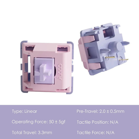 V3 Fairy Linear Silent Keyboard Switches, 5 Pin, 50 gf, Pre Lubed, MX Stem, Two Switches Front and Side View