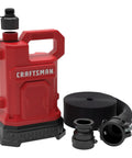 Heavy Duty One Half Horsepower Submersible Water Utility Transfer Pump With 25 Foot Lay Flat Hose And Camlock Connectors in red with attachments.