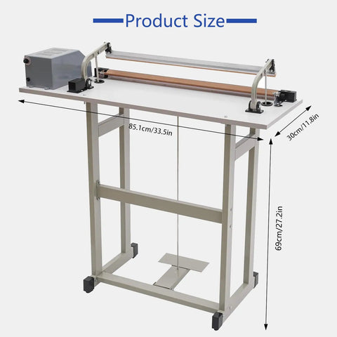 Heavy Duty Heat Sealing Machine For Plastic Bags With Adjustable Worktable Pedestal Stand Efficient Fast Packaging Solution Plus Film Cutter For Shrinking Durable Metal Build with dimensions 85.1cm x 30cm x 69cm.