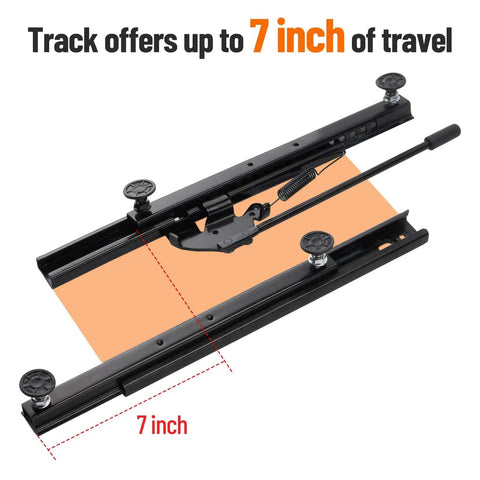 Universal Go Kart Seat Slider Kit with 7in travel, showing seat rails and lever, suitable for various small vehicles.
