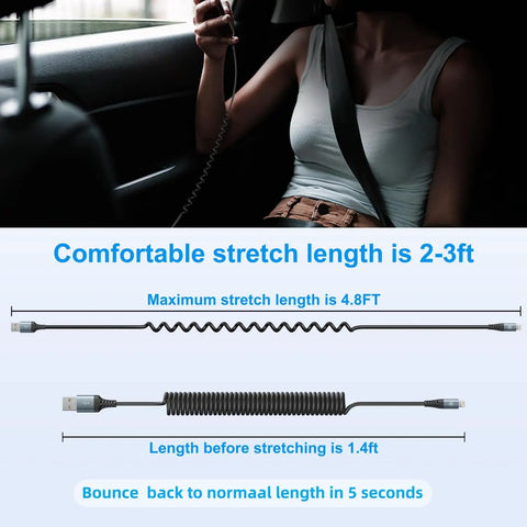 Person using Coiled Lightning Cable Car Ready 3Ft Retractable iPhone Charger Cord 2 Pack MFi Certified No Tangle Spring Coil