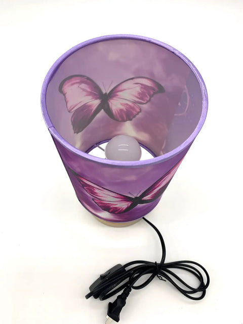 Chic Purple Butterfly Table Lamp With Wooden Base Bedside Light, Cute Dorm Room Decor, small size, with cord and LED bulb.