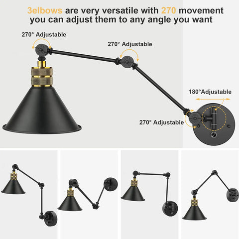 Plug In Wall Sconces Set Of 2 With Dimmable Rotary Switch, showing 270° adjustable swing arm and 3 elbow joint mobility.