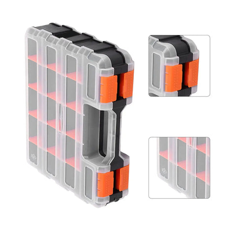 Heavy Duty Parts Storage Box with removable grid compartments, pro grade PP case, double-sided 32x27x8, secure locking system