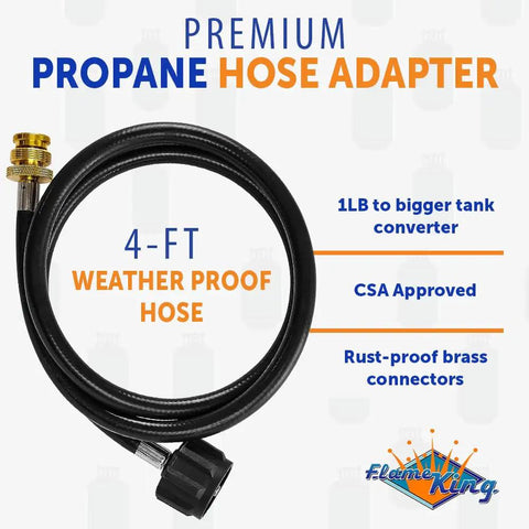 Premium propane hose adapter, 4-ft weatherproof CSA approved with rust-proof brass connectors and branding.