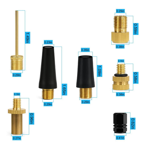 14 Piece Air Pump Adapter Kit With Ball Inflator Needles And Nozzles For Inflatable Pool Toys, Bike Tires, Air Mattress, Basketball And More Universal Air Compressor Accessories For Quick Inflation And Leak Proof Secure Fit components displayed with dimensions