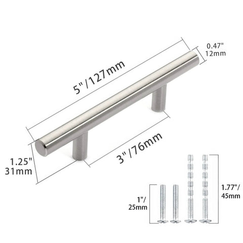30 Pack 5 Inch Cabinet Pulls With 3 Inch Hole Center In Satin Nickel Premium Stainless Steel With Measurements
