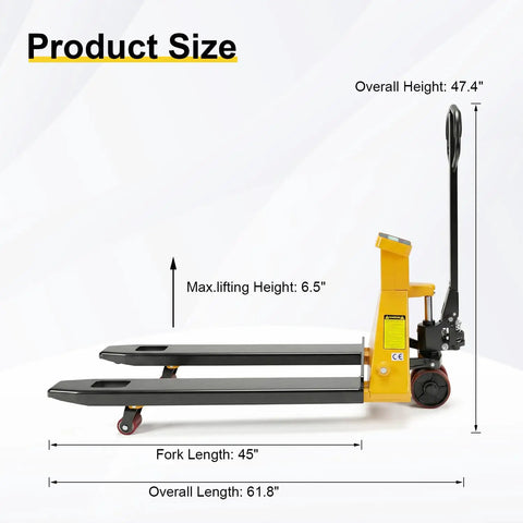Heavy Duty Electric Pallet Jack Truck Weigh Scales Built In 5500 Lbs Capacity With Big 45 Inch Forks dimensions showing height and length.