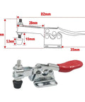Dimensions and close-up of Six Pack Horizontal Toggle Clamp Set With 27Kg Quick Release, Heavy Duty Woodworking Tool.