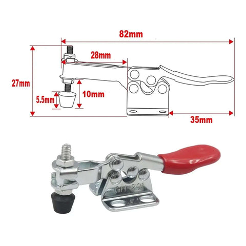 Dimensions and close-up of Six Pack Horizontal Toggle Clamp Set With 27Kg Quick Release, Heavy Duty Woodworking Tool.